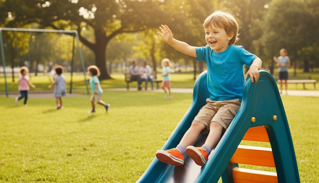 Illustration of kid playing in park.